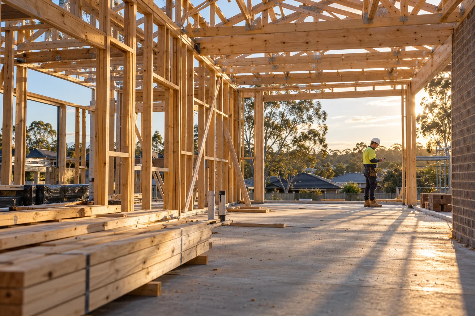 Timber framing and roof trusses on a residential construction site, with a supervisor checking a phone.