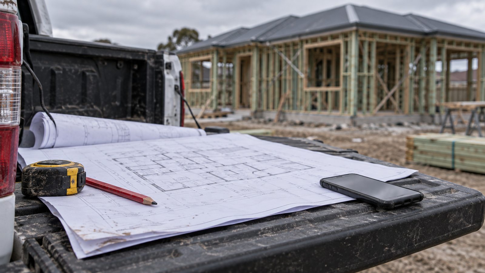 A set of residential plans open on a ute tailgate, with a framed single-storey house behind